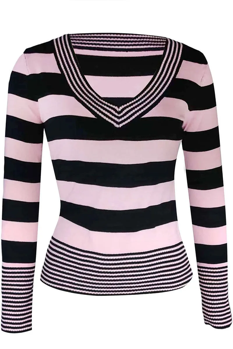 HTR1244 Striped Chic V-Neck Sweater