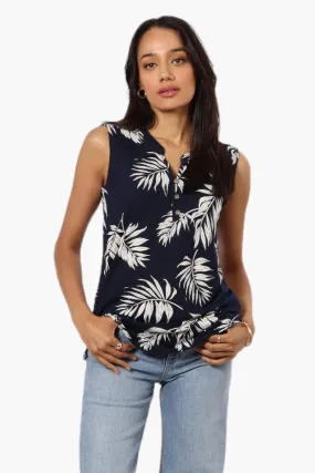 International INC Company Leaf Pattern Henley Tank Top - Navy