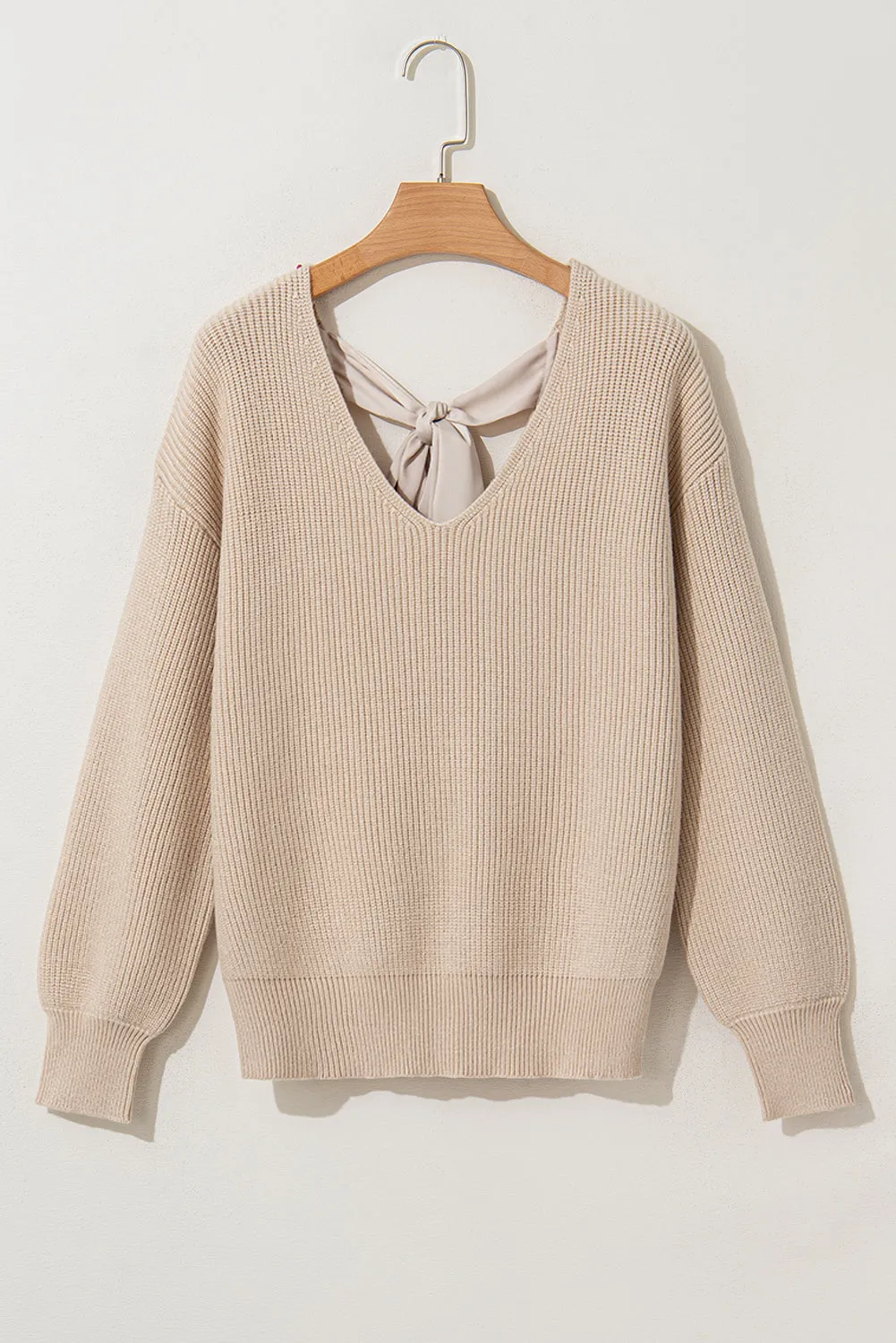 Lantern Sleeve V Neck Knot Back Sweater