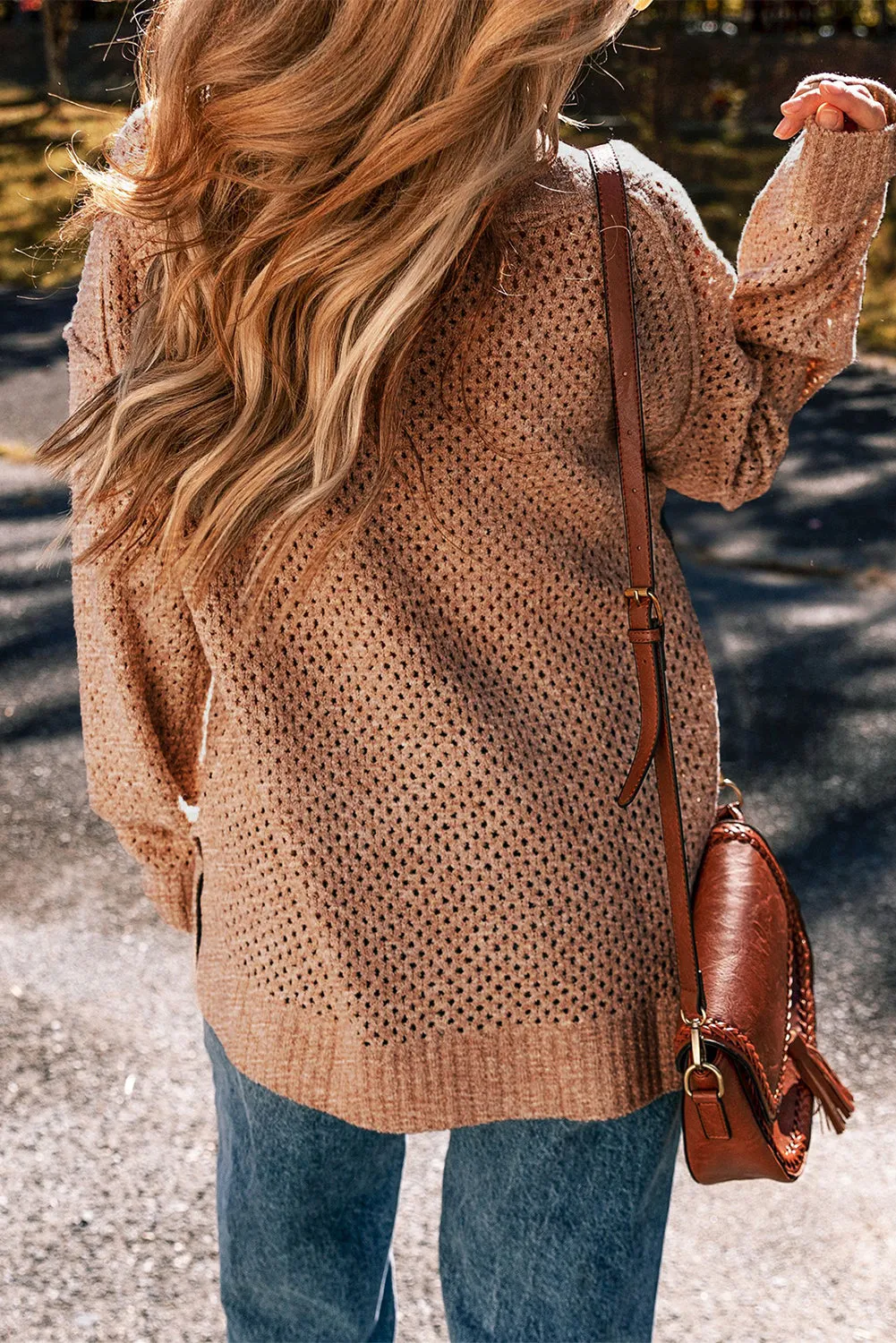 Loose Eyelet Drop Shoulder Sweater