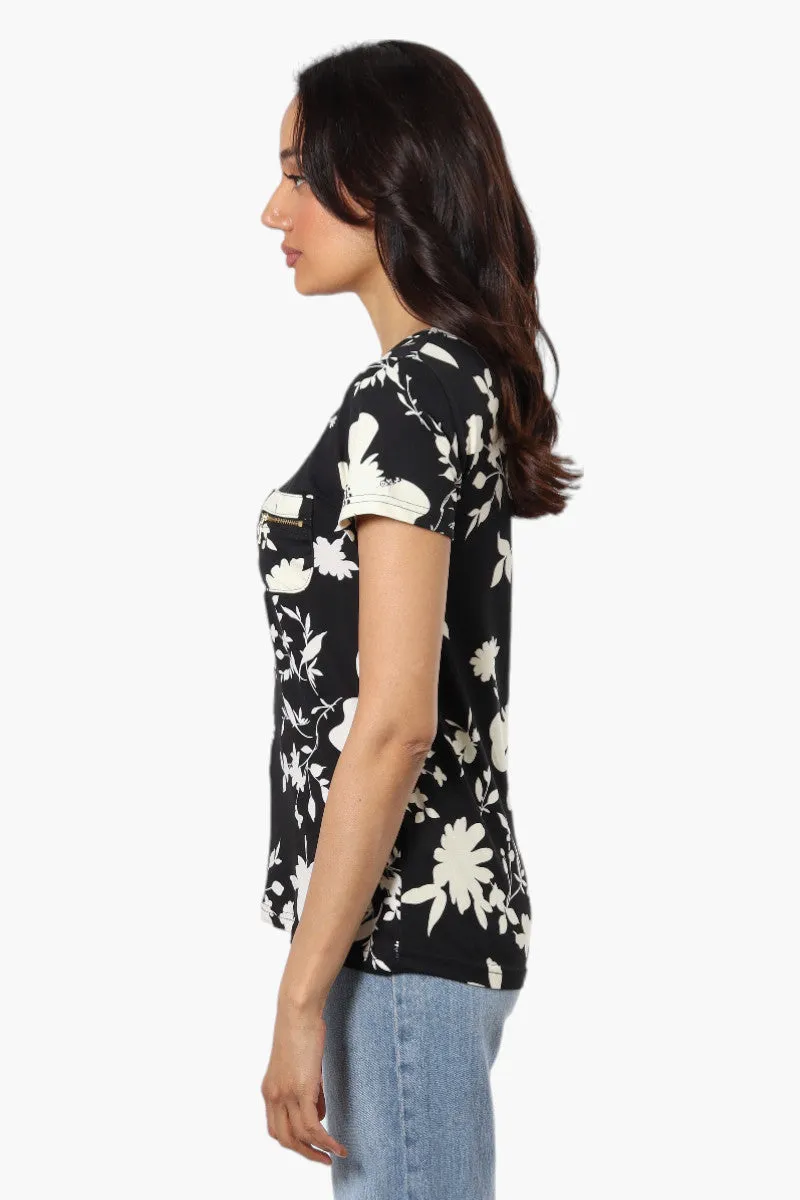 Majora Floral Cap Sleeve Henley Tee - Black