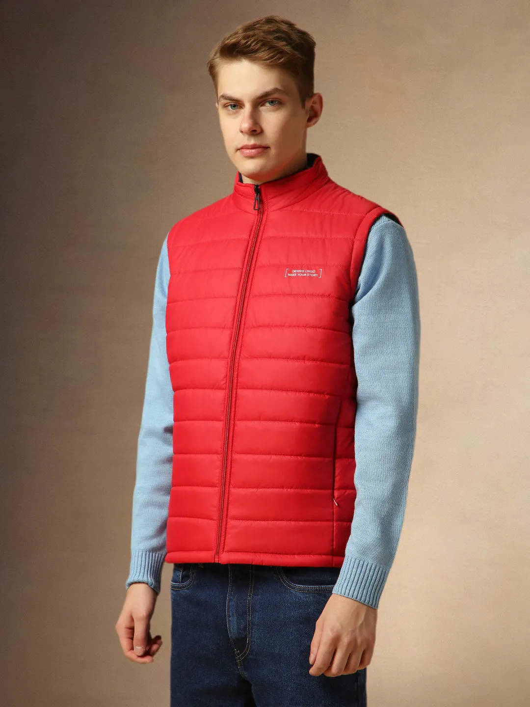 Men's Red Mock Neck Sleeveless Regular Fit Reversible Padded Jacket