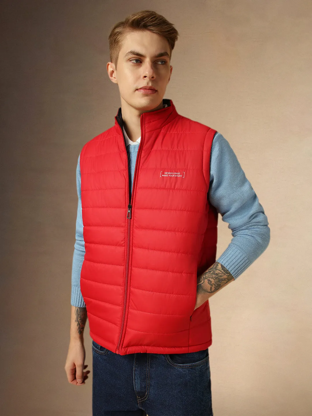 Men's Red Mock Neck Sleeveless Regular Fit Reversible Padded Jacket