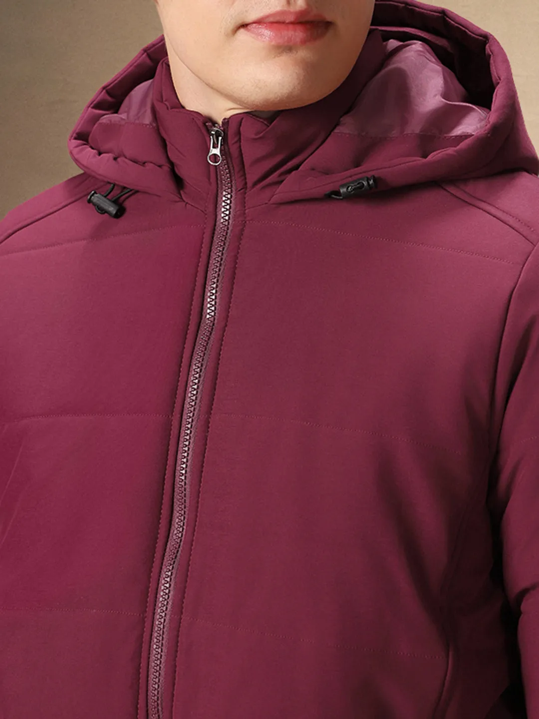 Men's Solid Maroon Full Sleeves Hooded Puffer Jakcet