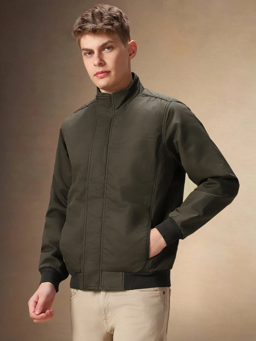 Men's Solid Olive Full Sleeves Mock Neck Jacket