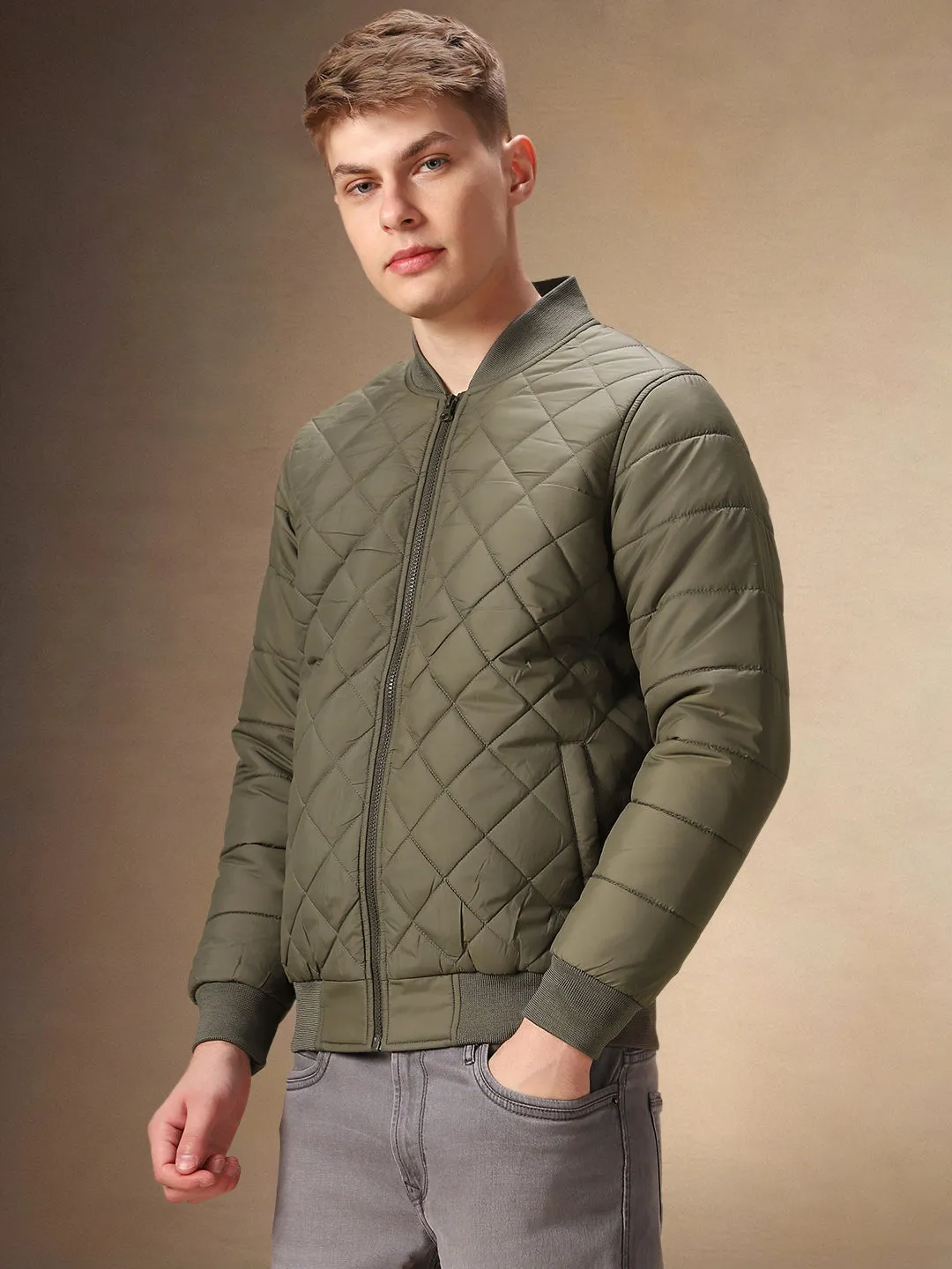 Men's Solid Olive Quilted Rib Collar Full Sleeves Bomber Jacket