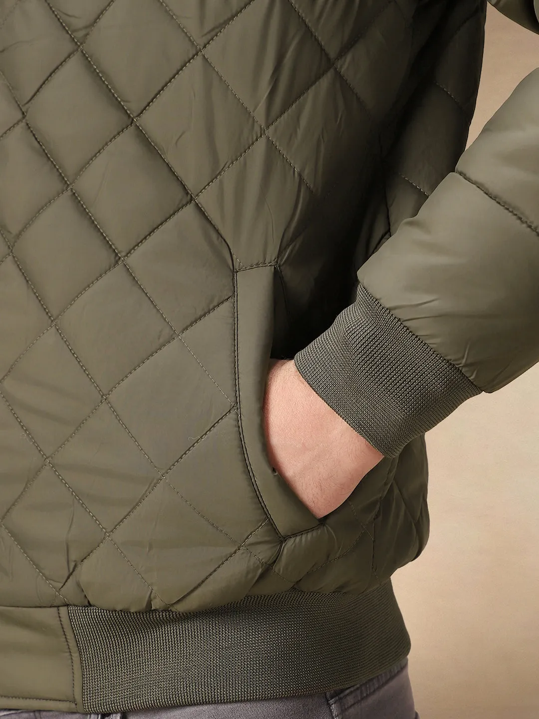 Men's Solid Olive Quilted Rib Collar Full Sleeves Bomber Jacket