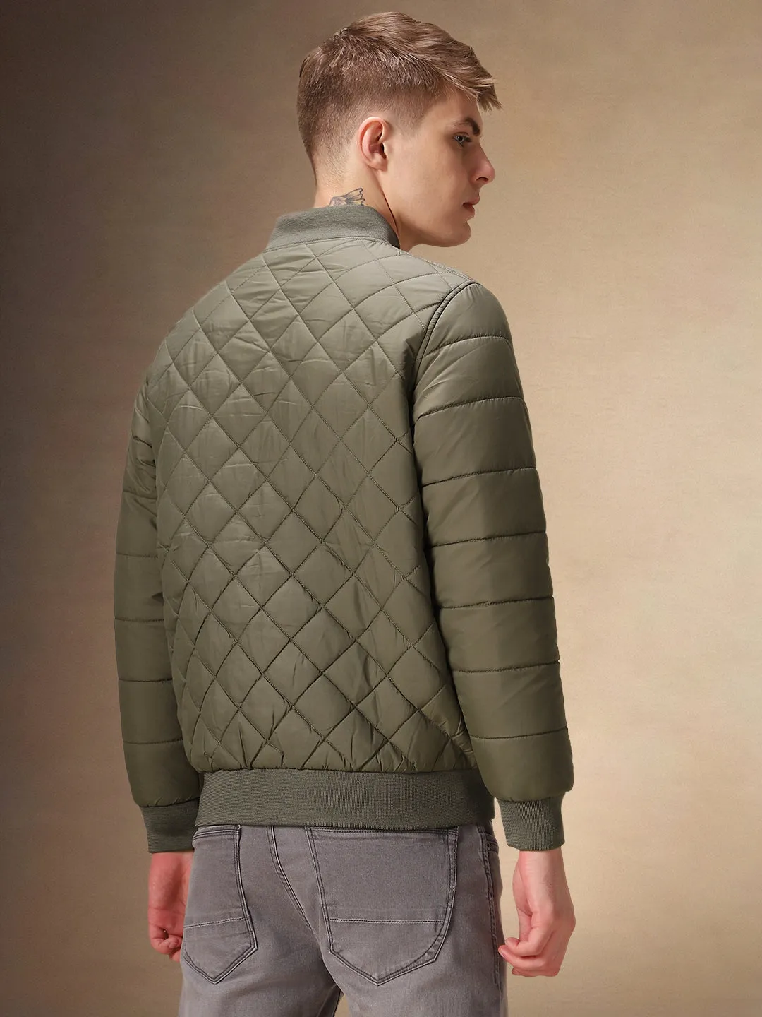 Men's Solid Olive Quilted Rib Collar Full Sleeves Bomber Jacket