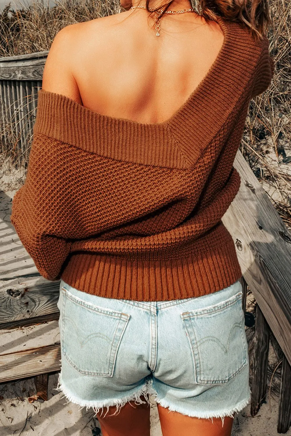 'Olivia'Rib-Knit Drop Shoulder V-Neck Sweater