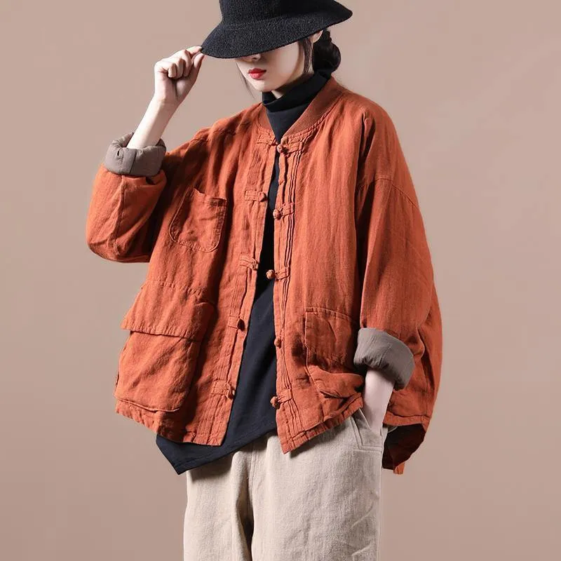 Orange Linen Jacket Women Short Coat