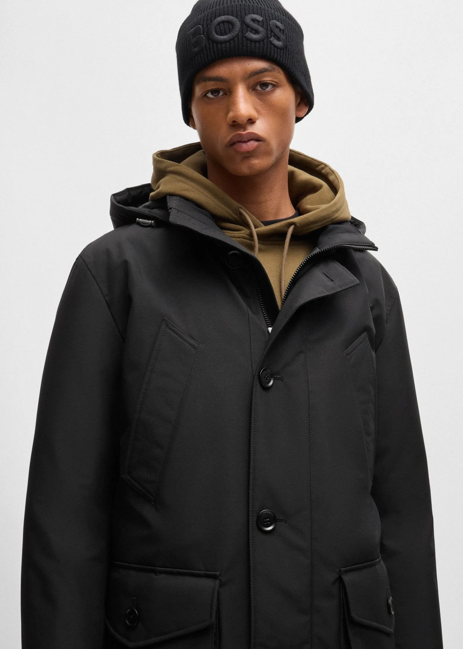 Parka à capuche BOSS noire déperlante