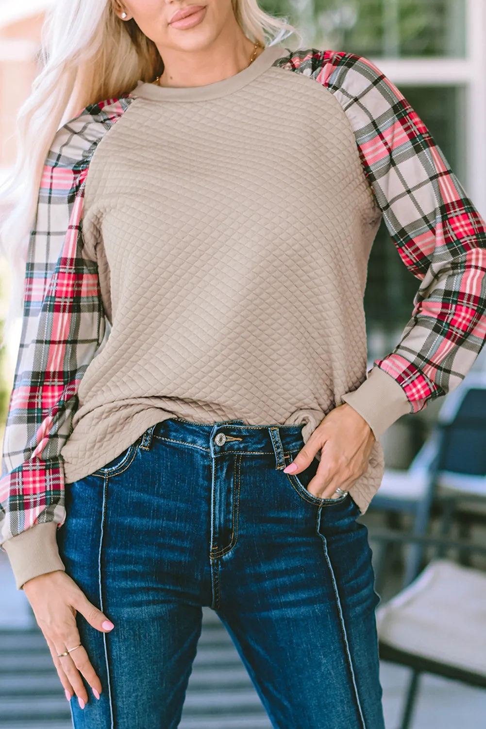 Plaid Raglan Sleeve Sweatshirt