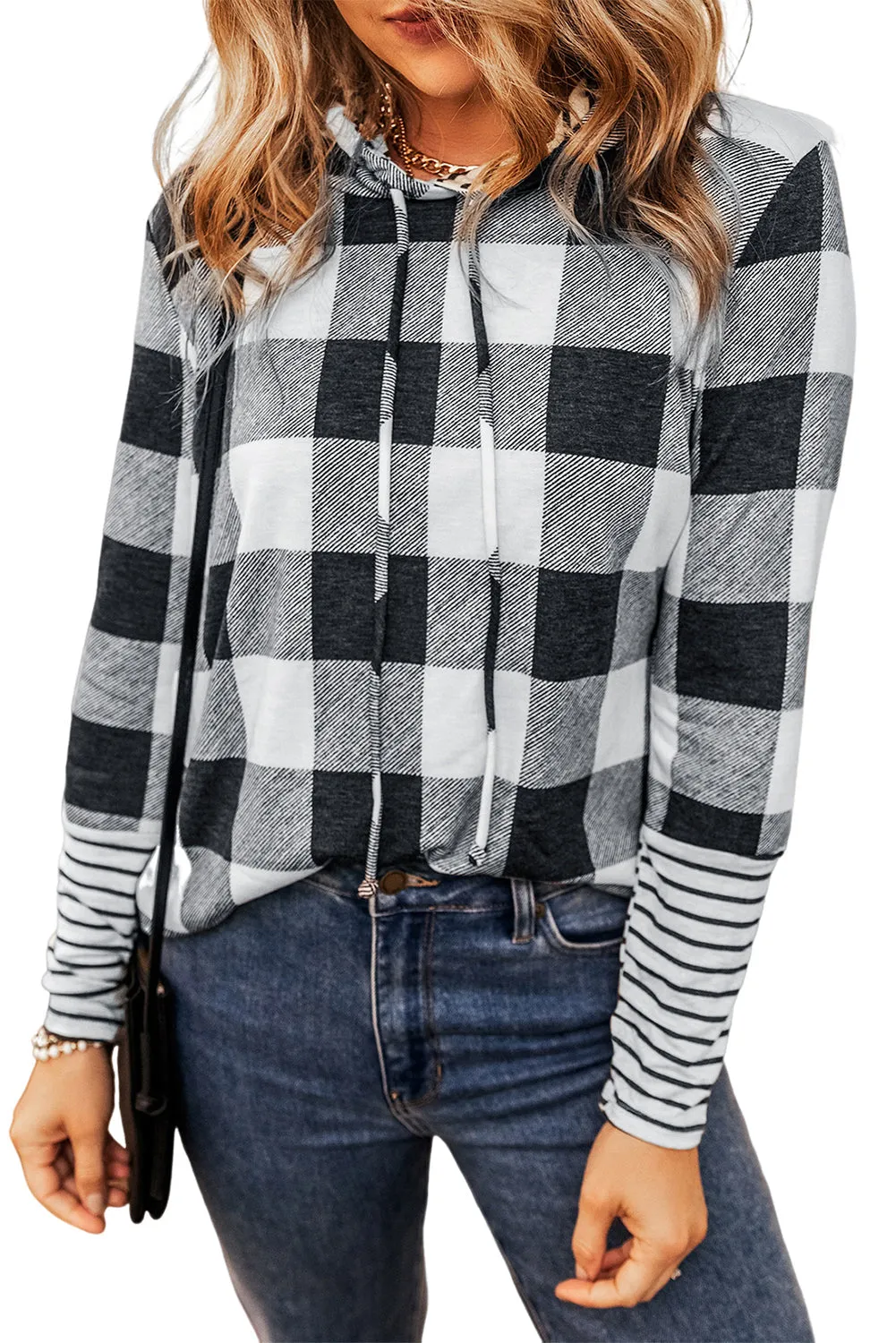 Plaid Striped Drawstring Hoodie