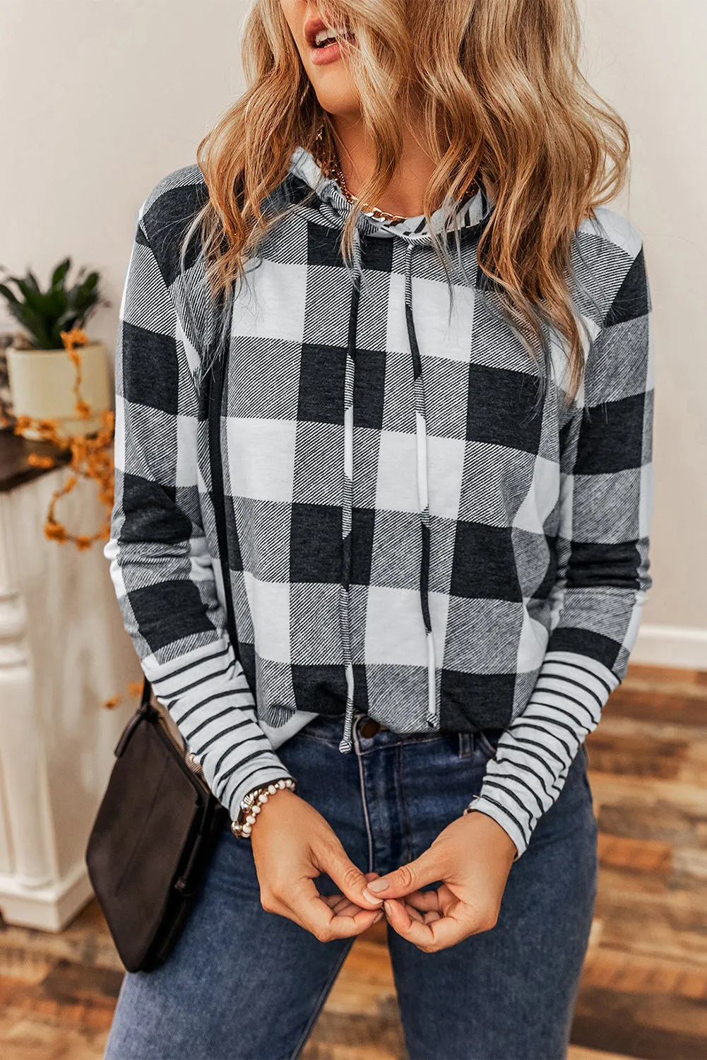 Plaid Striped Drawstring Hoodie