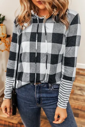 Plaid Striped Drawstring Hoodie