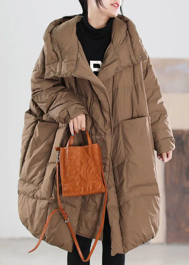 Plus Size Chocolate Hooded Oversized Big Pockets Duck Down Down Coats Winter