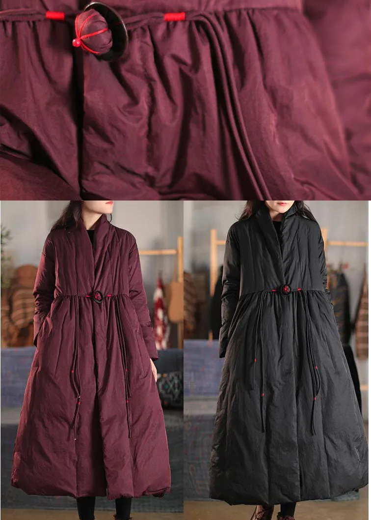 Plus Size Mulberry V Neck Embroideried Pockets Duck Down Women Witner Coats