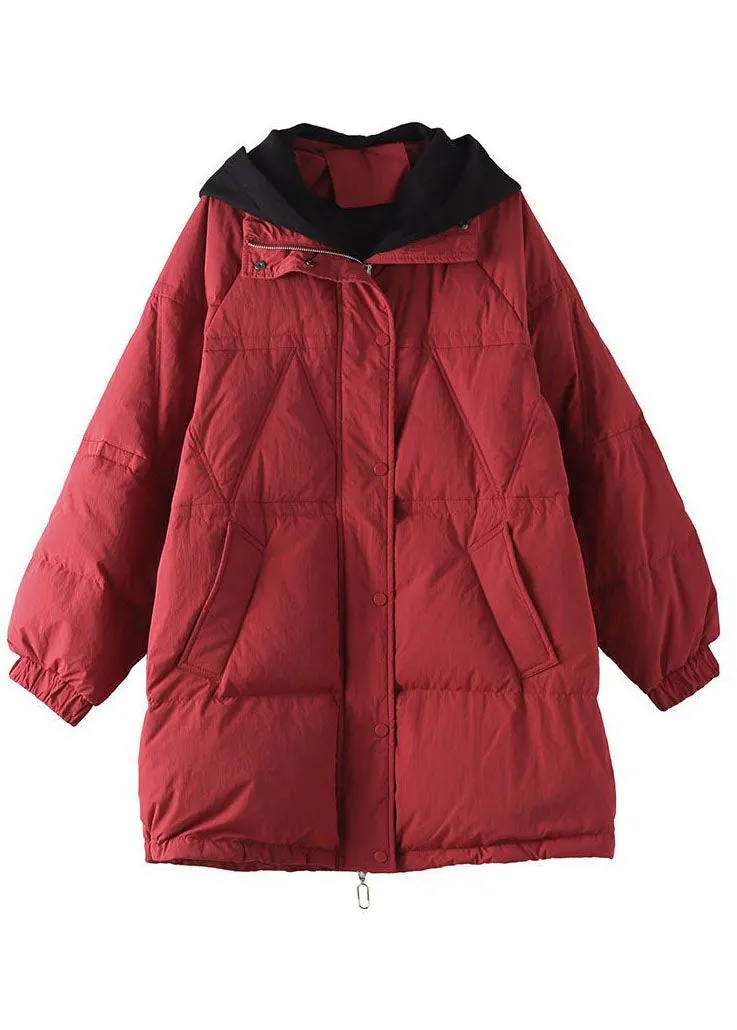 Plus Size Red Hooded Patchwork Duck Down Puffers Jackets Winter