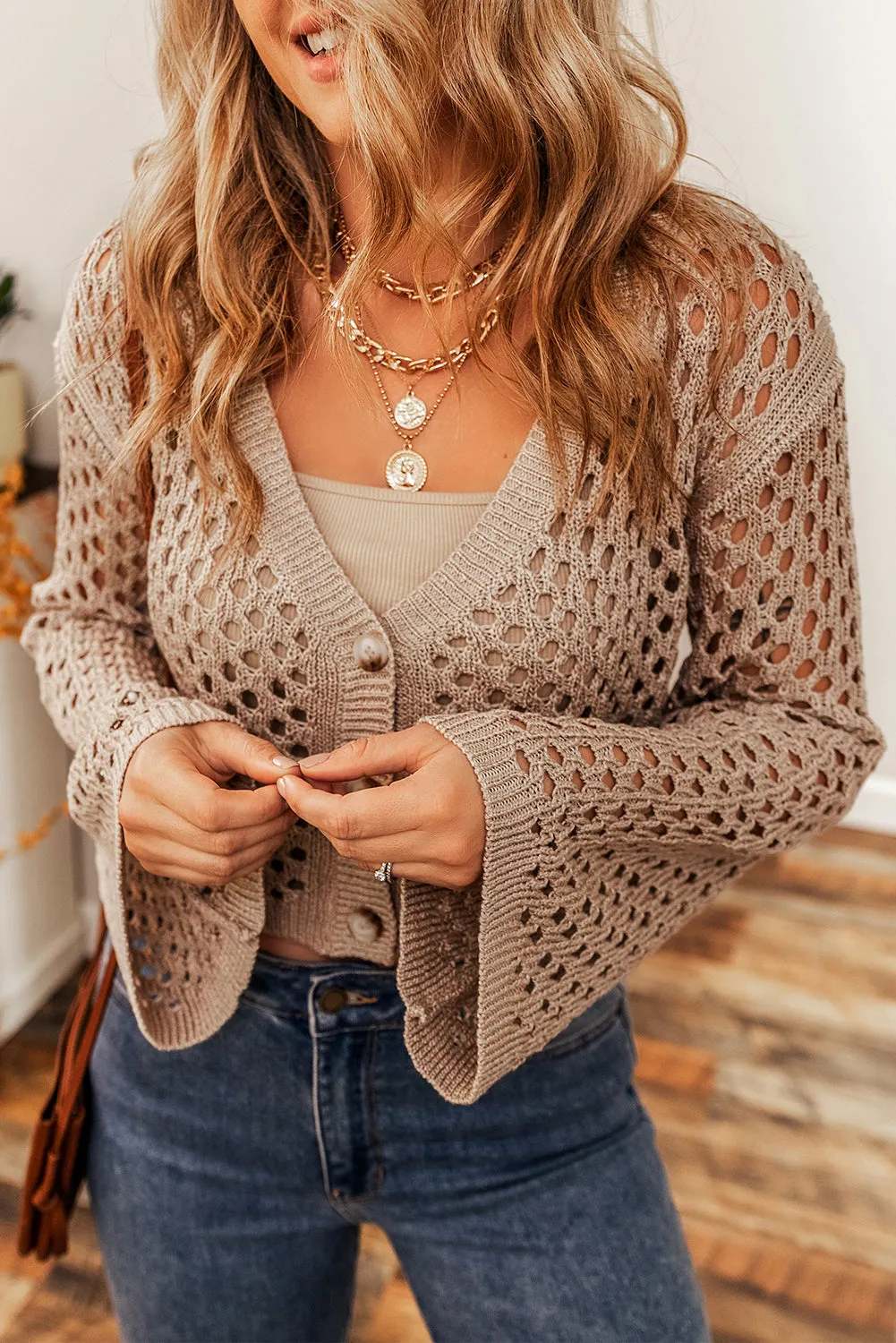 Pointelle Knit V Neck Crop Cardigan