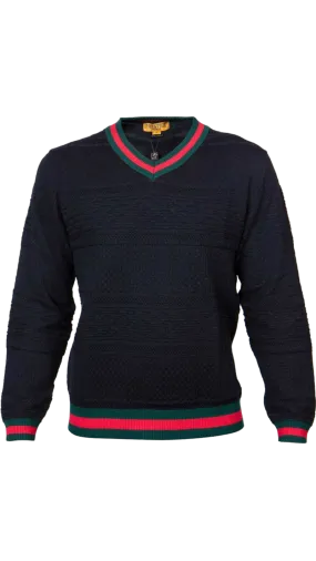 Prestige Men's Black Fancy Style V-neck Sweater Green and Red Stripes