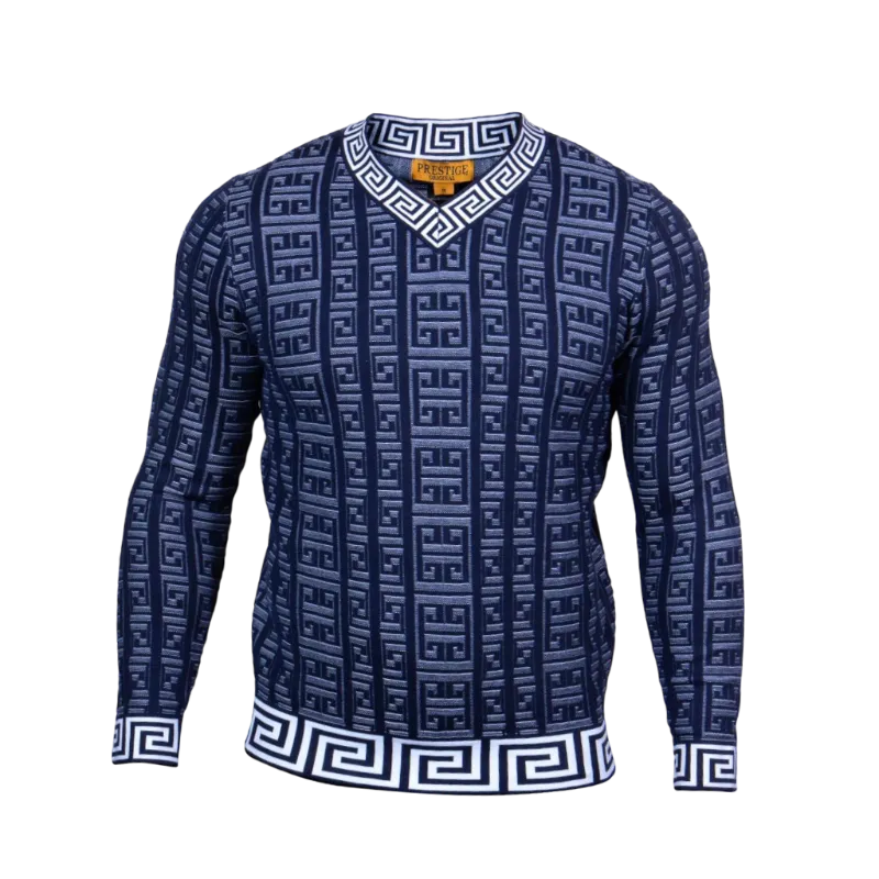 Prestige Navy Blue V-Neck Men's Sweaters Greek Key Lightweight