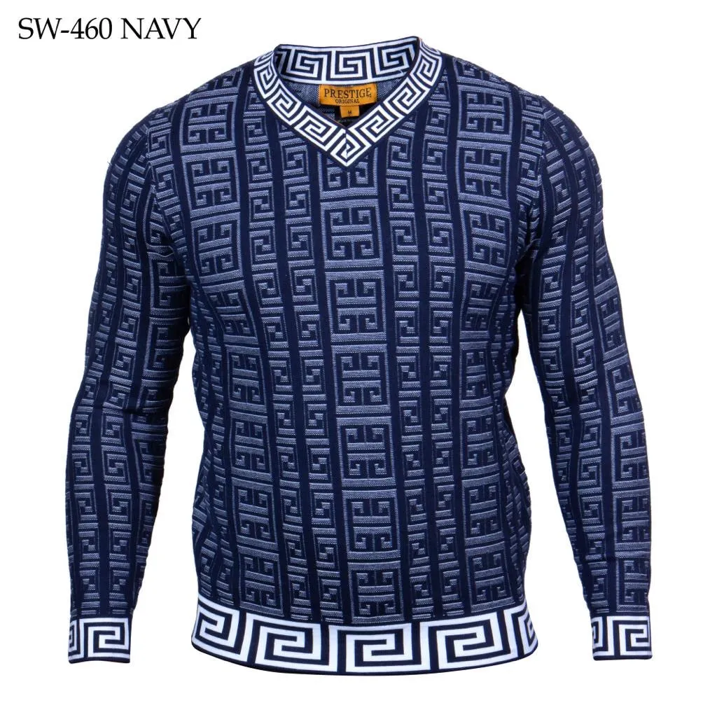 Prestige Navy Blue V-Neck Men's Sweaters Greek Key Lightweight