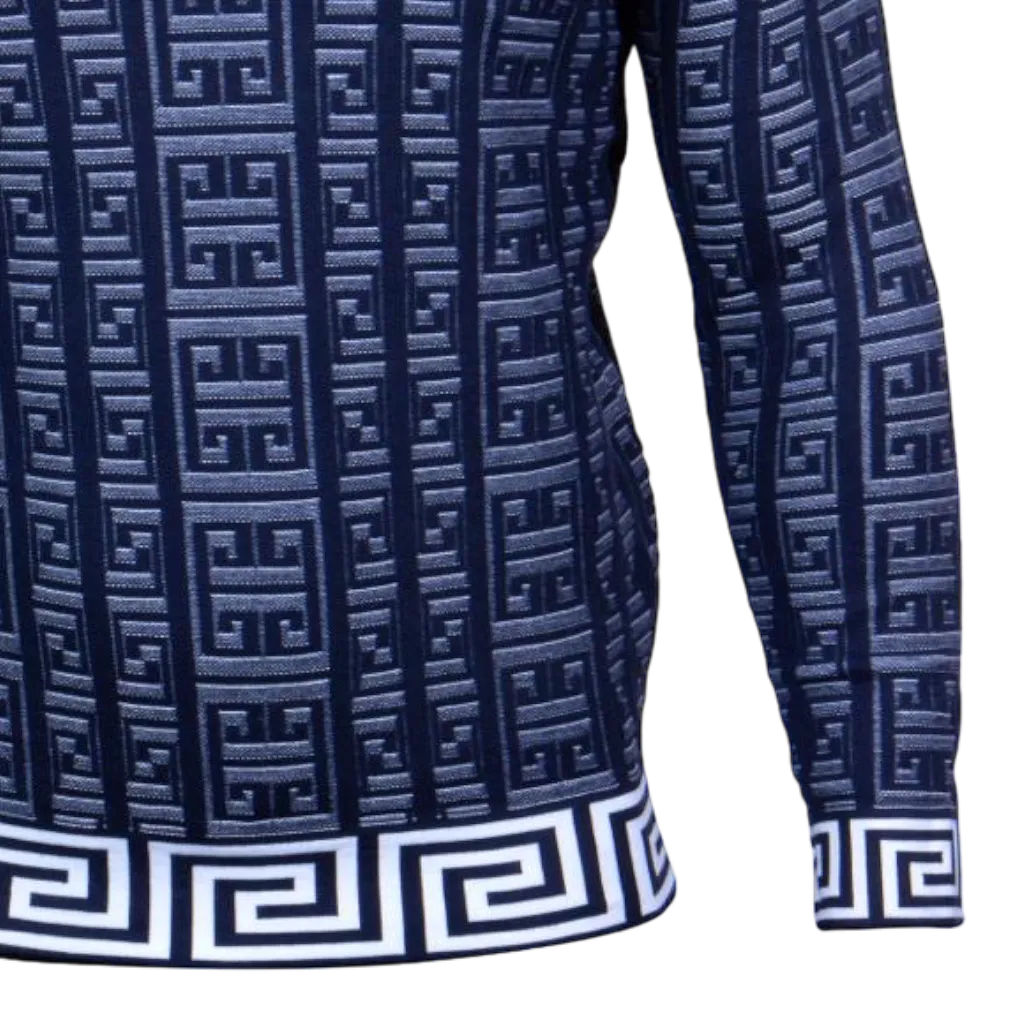 Prestige Navy Blue V-Neck Men's Sweaters Greek Key Lightweight