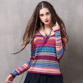 Retro Geometric Striped Print Crew Neck Lace Up Oversized Sweater