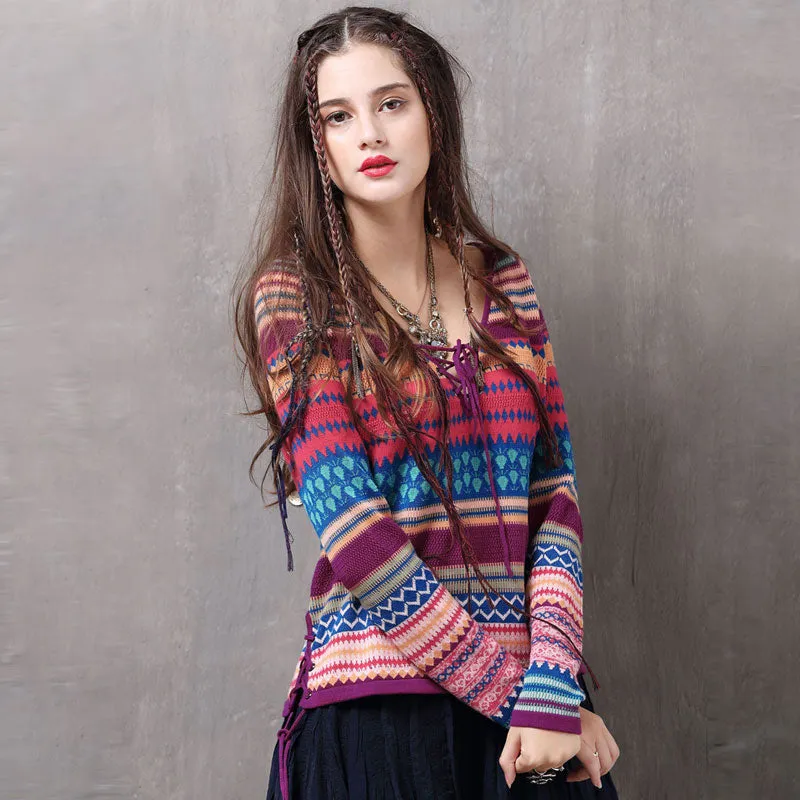 Retro Geometric Striped Print Crew Neck Lace Up Oversized Sweater