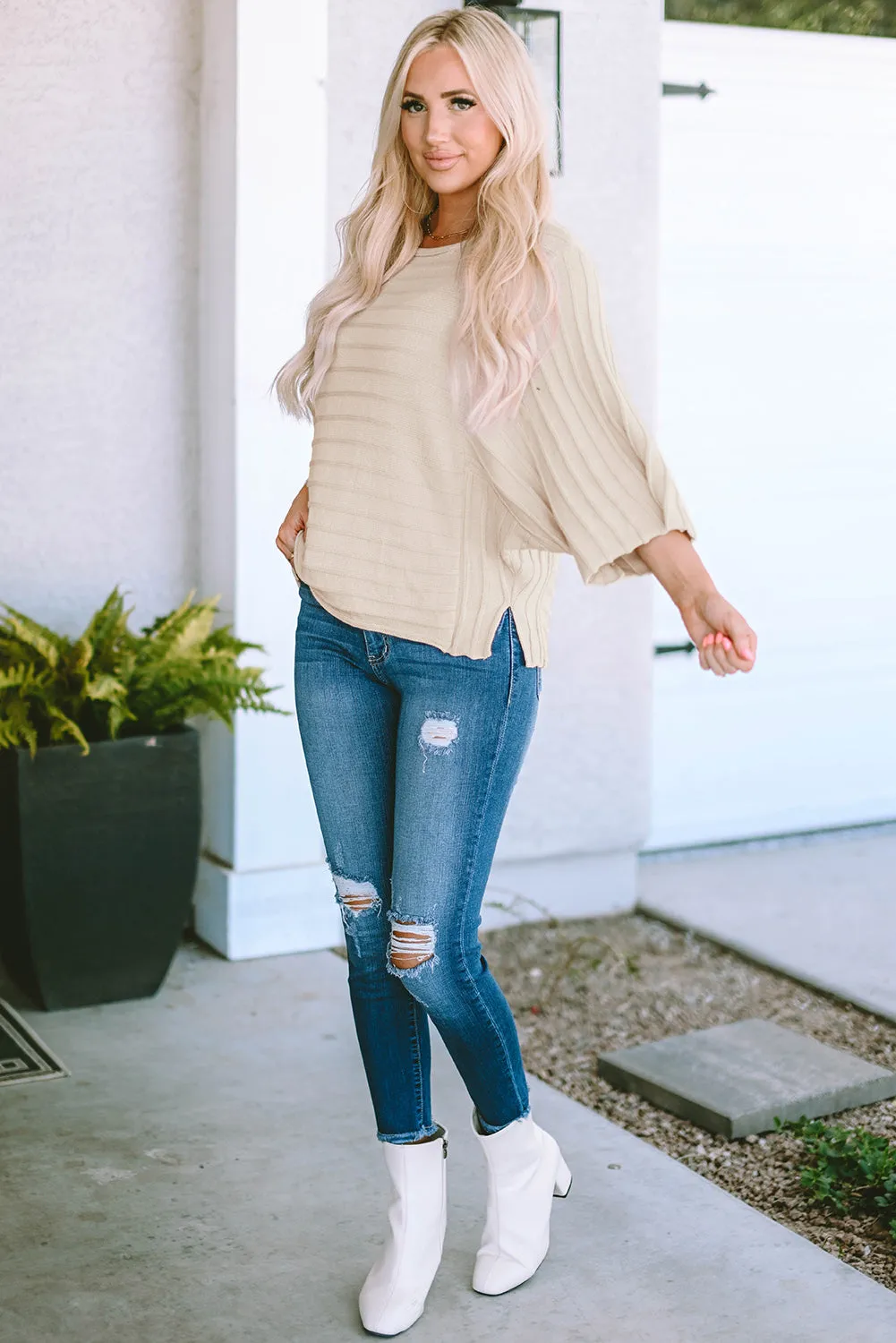 Seam Ribbed Knit Dolman Sweater