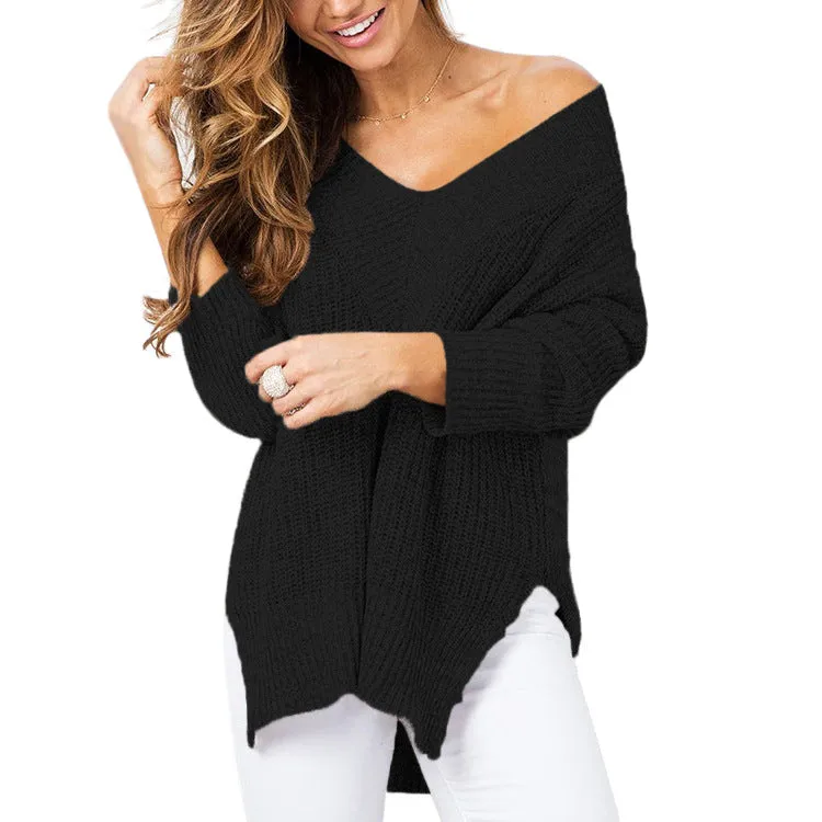 Split V- neck Long Sleeve Knitting Sweaters