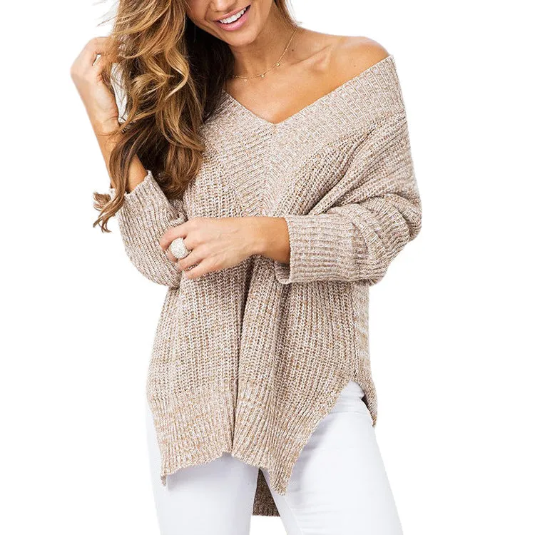 Split V- neck Long Sleeve Knitting Sweaters