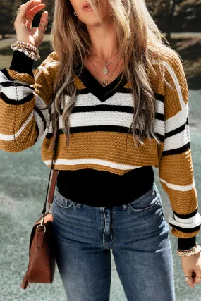 Stripes V Neck Textured Knit Sweater