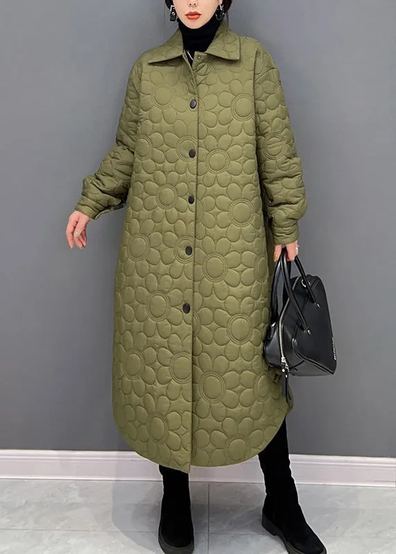 Stylish Green Peter Pan Collar Warm Fleece Thick Button Long Parka Winter