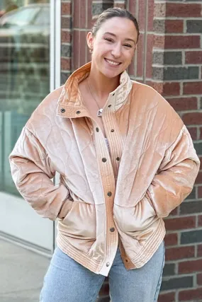 Velvet Puffer Jacket in Tan