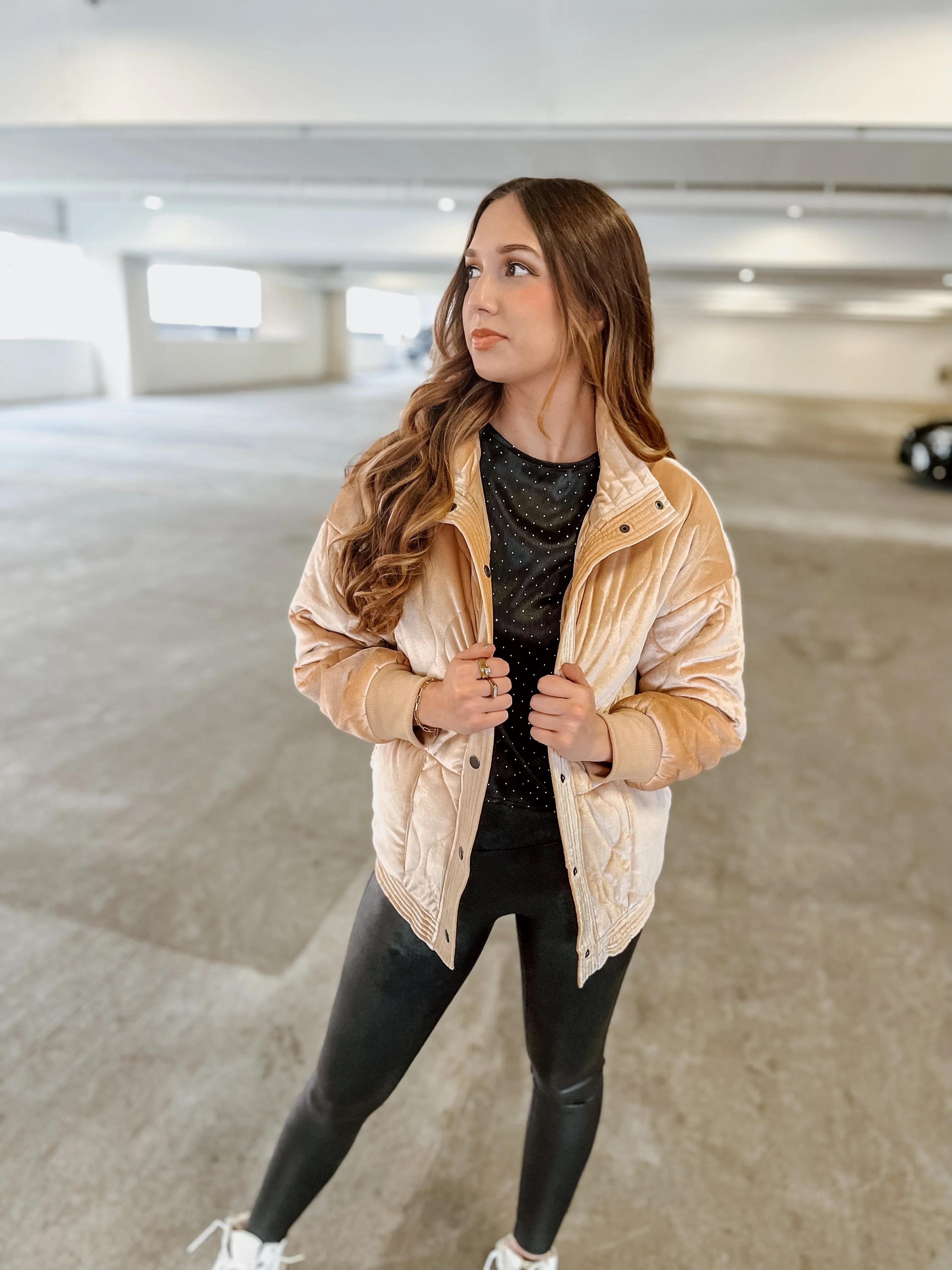 Velvet Puffer Jacket in Tan