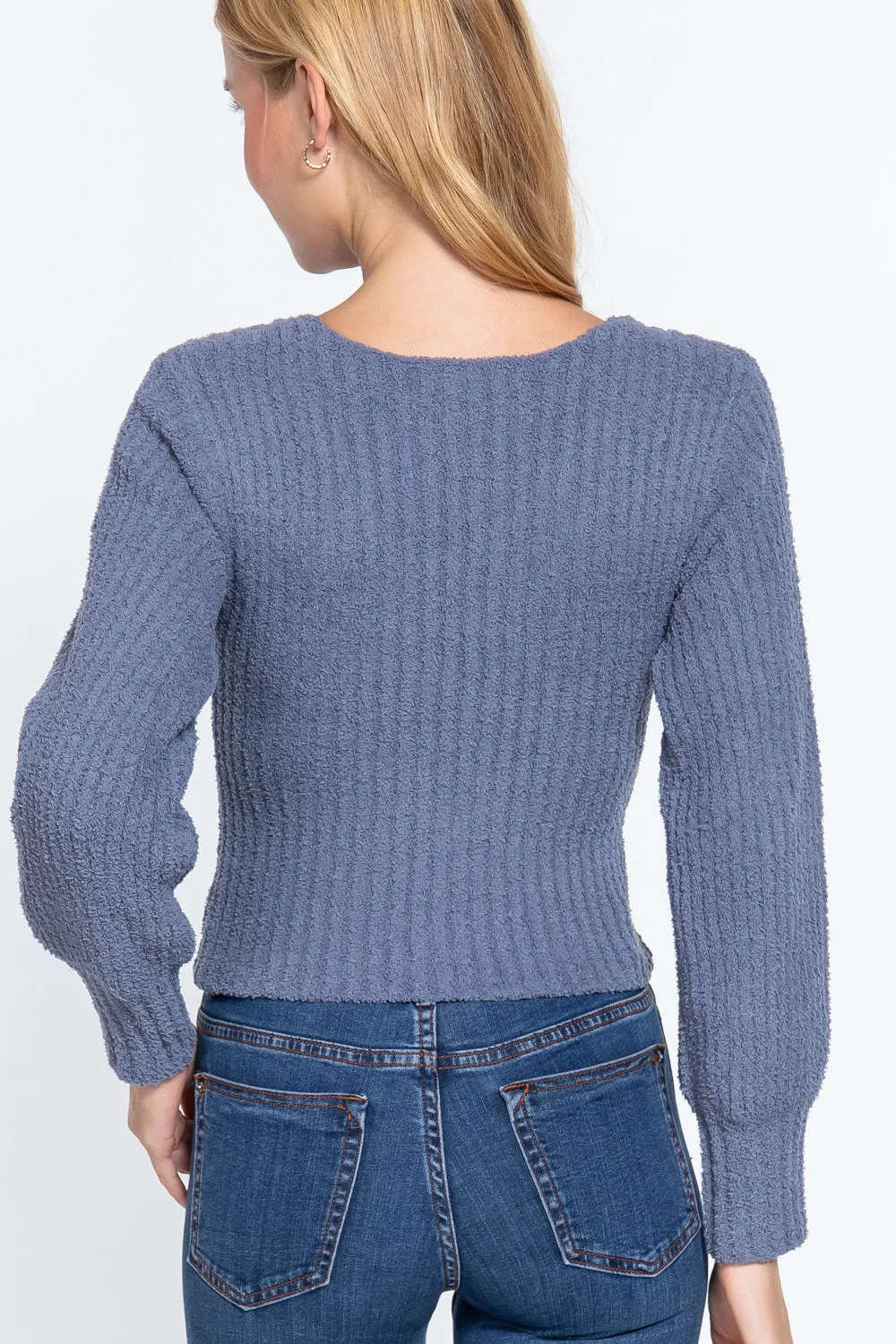 Vintage Blue Long Puff Sleeve V neck Rib Sweater Top