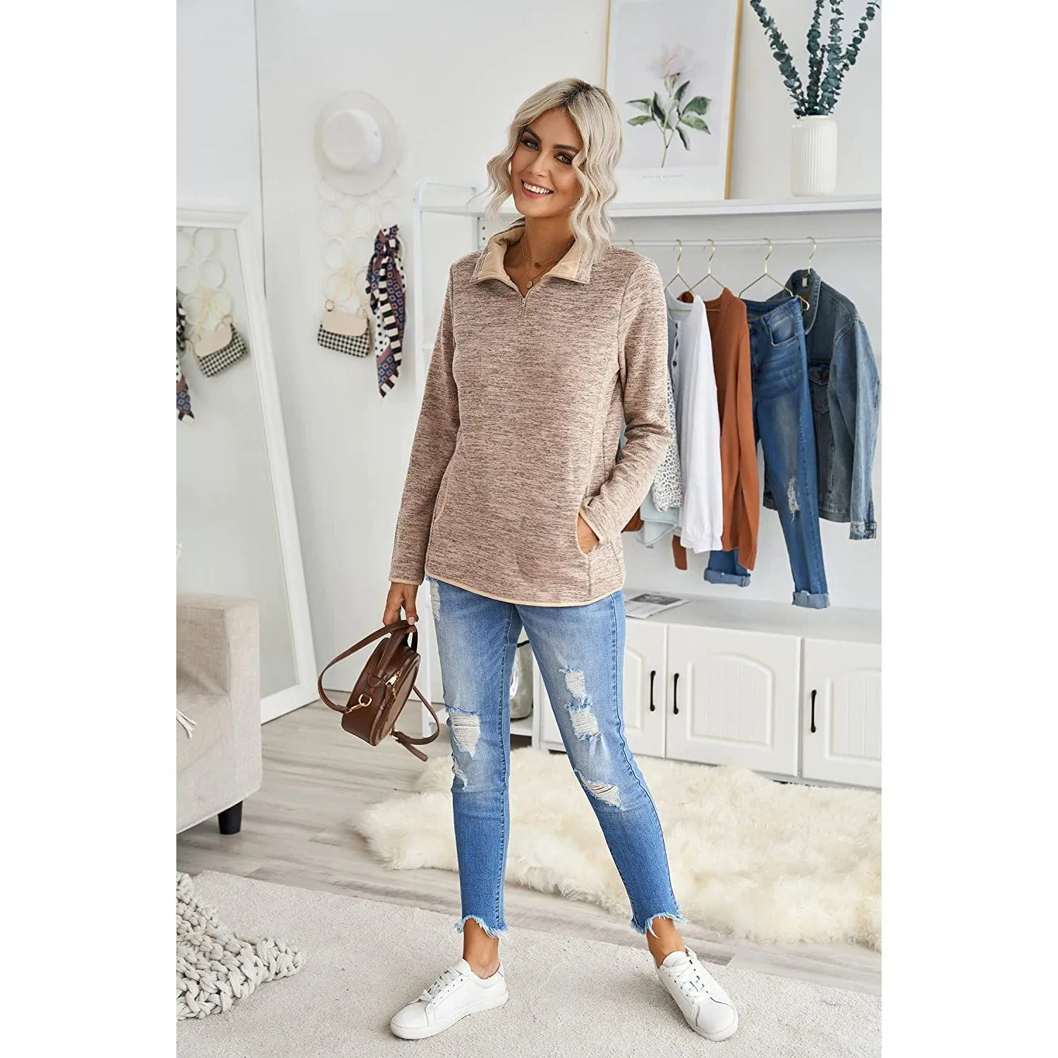 Women Casual Long Sleeve Stand Collar with Pockets